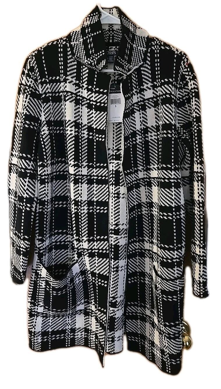 CHAPS Plaid Checked Sweater Coat Womens Sz-S Cotton Blend Black White NEW!